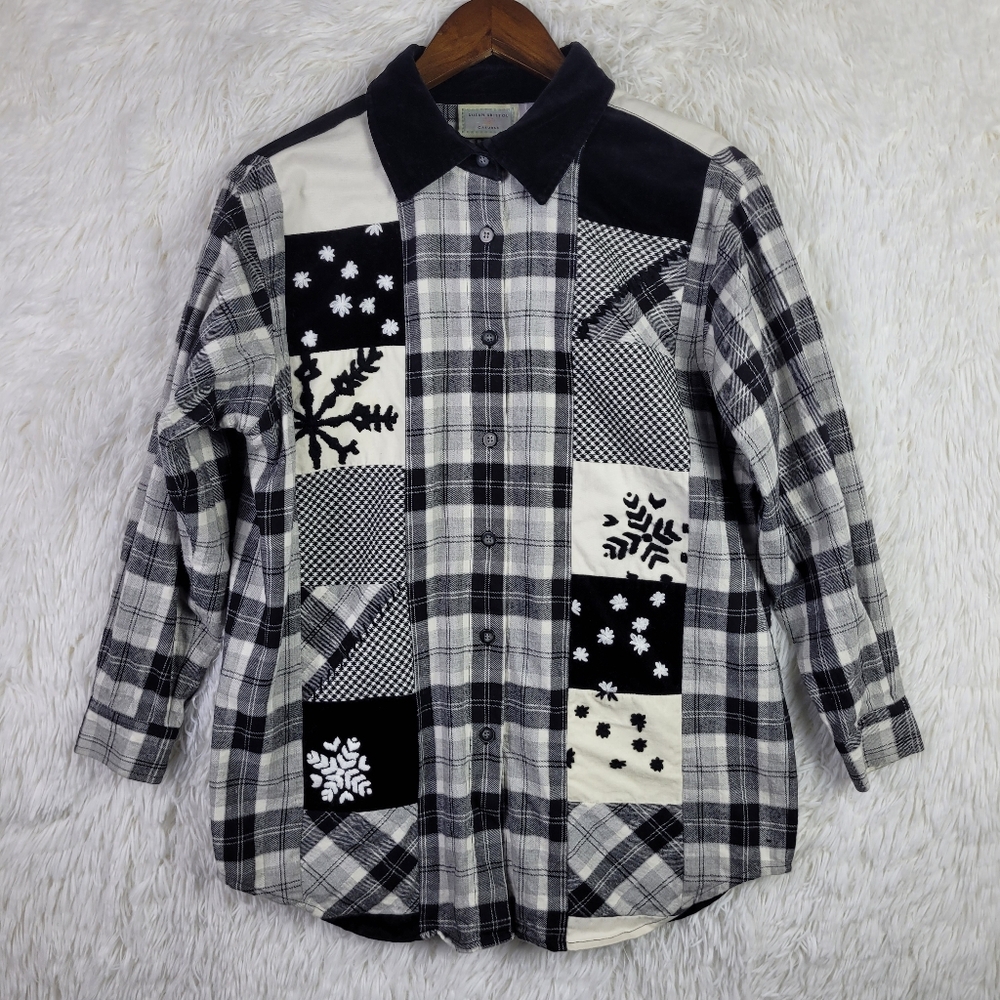 Susan Bristol PS Black Gray Plaid Knit Patchwork‎ Button Up Oversized Winter